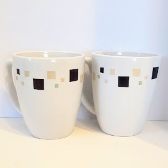 Set of 2 Corelle Stoneware Mugs Brown, Tan and Green Squares - Picture 1 of 4